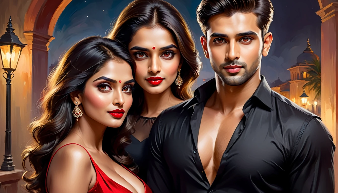 (romantic indian couple) , boyfriend wearing black full sleeve shirt, beautiful eyes, beautiful face, Indian, sexy look, ((red lips, bright eyes, curve heir 1.5)), ((beautiful details very big breast )), bright eyes, wearing sleeveless gown,full sexy look, ultra focus, face ilumined, face detailed, 8k resolution, painted, dry brush, brush strokes, razumov style and garmash style, by Tokaito, ((Full Open )), full body, night romantic ambience, digital art brush effect