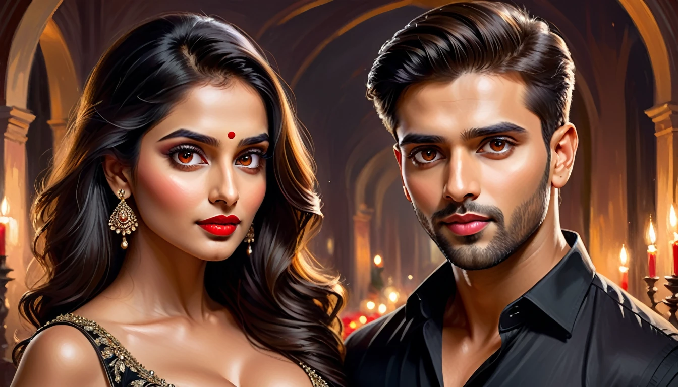 (romantic indian couple) , boyfriend wearing black full sleeve shirt, beautiful eyes, beautiful face, Indian, sexy look, ((red lips, bright eyes, curve heir 1.5)), ((beautiful details very big breast )), bright eyes, wearing sleeveless gown,full sexy look, ultra focus, face ilumined, face detailed, 8k resolution, painted, dry brush, brush strokes, razumov style and garmash style, by Tokaito, ((Full Open )), full body, night romantic ambience, digital art brush effect