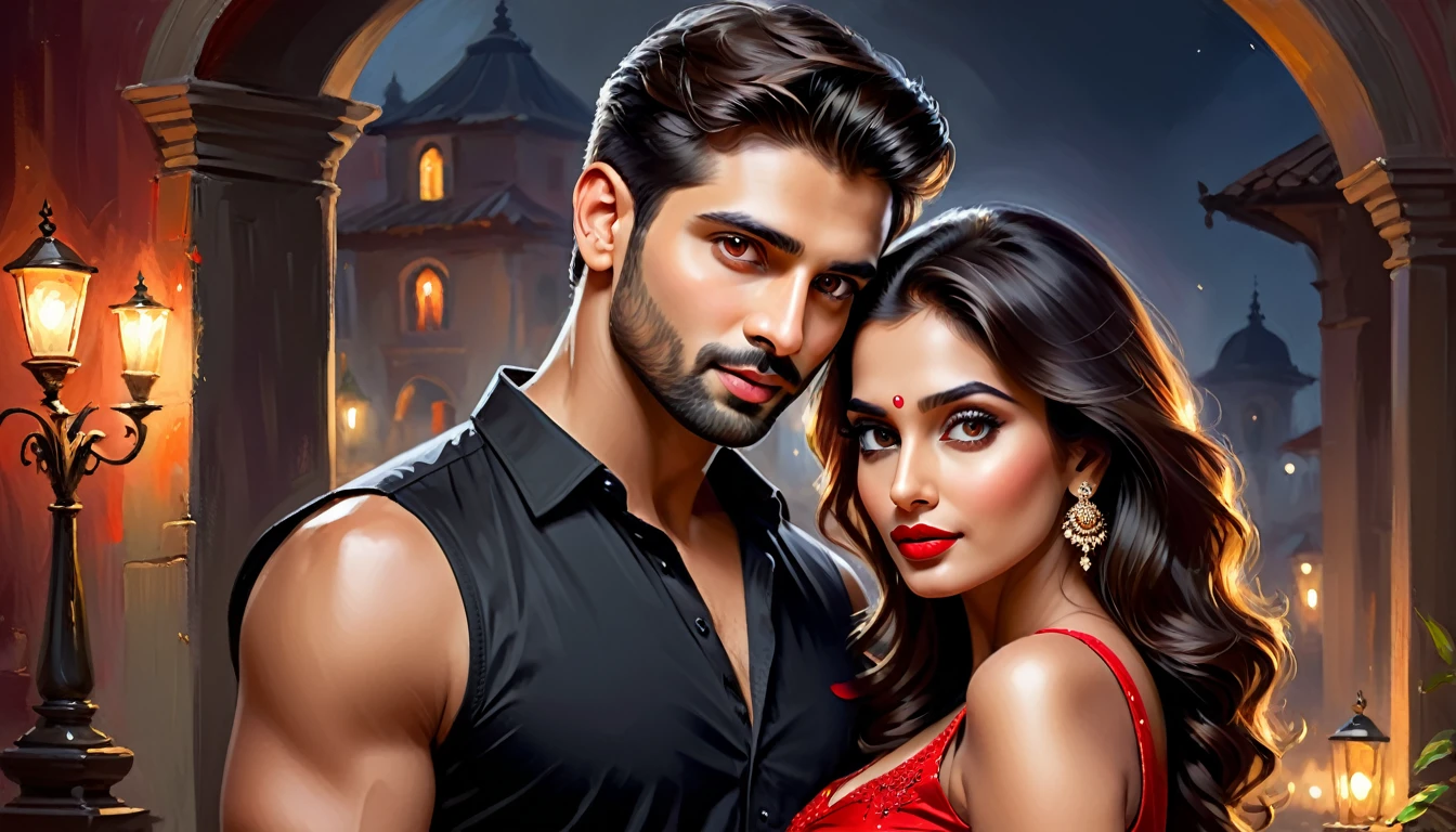 (romantic indian couple) , boyfriend wearing black full sleeve shirt, beautiful eyes, beautiful face, Indian, sexy look, ((red lips, bright eyes, curve heir 1.5)), ((beautiful details very big breast )), bright eyes, wearing sleeveless gown,full sexy look, ultra focus, face ilumined, face detailed, 8k resolution, painted, dry brush, brush strokes, razumov style and garmash style, by Tokaito, ((Full Open )), full body, night romantic ambience, digital art brush effect