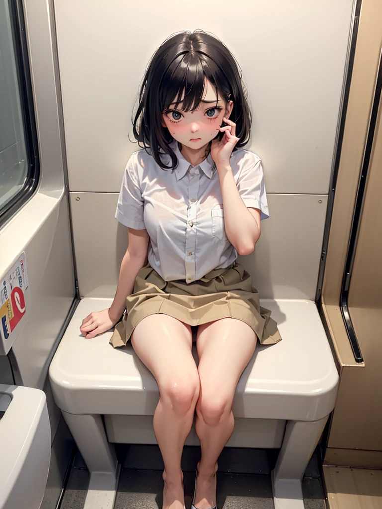 ((((Best Quality, 8K, 32K, masterpiece, 1.2)))),{{solo}},nsfw,{{{Artist: GirlfriendMix's style}}},((perfect beautiful face:1.2)),  public toilet in train, sitting on toilet seat, wearing , peeing, leaking pee from pussy, half visible vivid pussy, a lot of public hairs, defiant look, embarrassed,