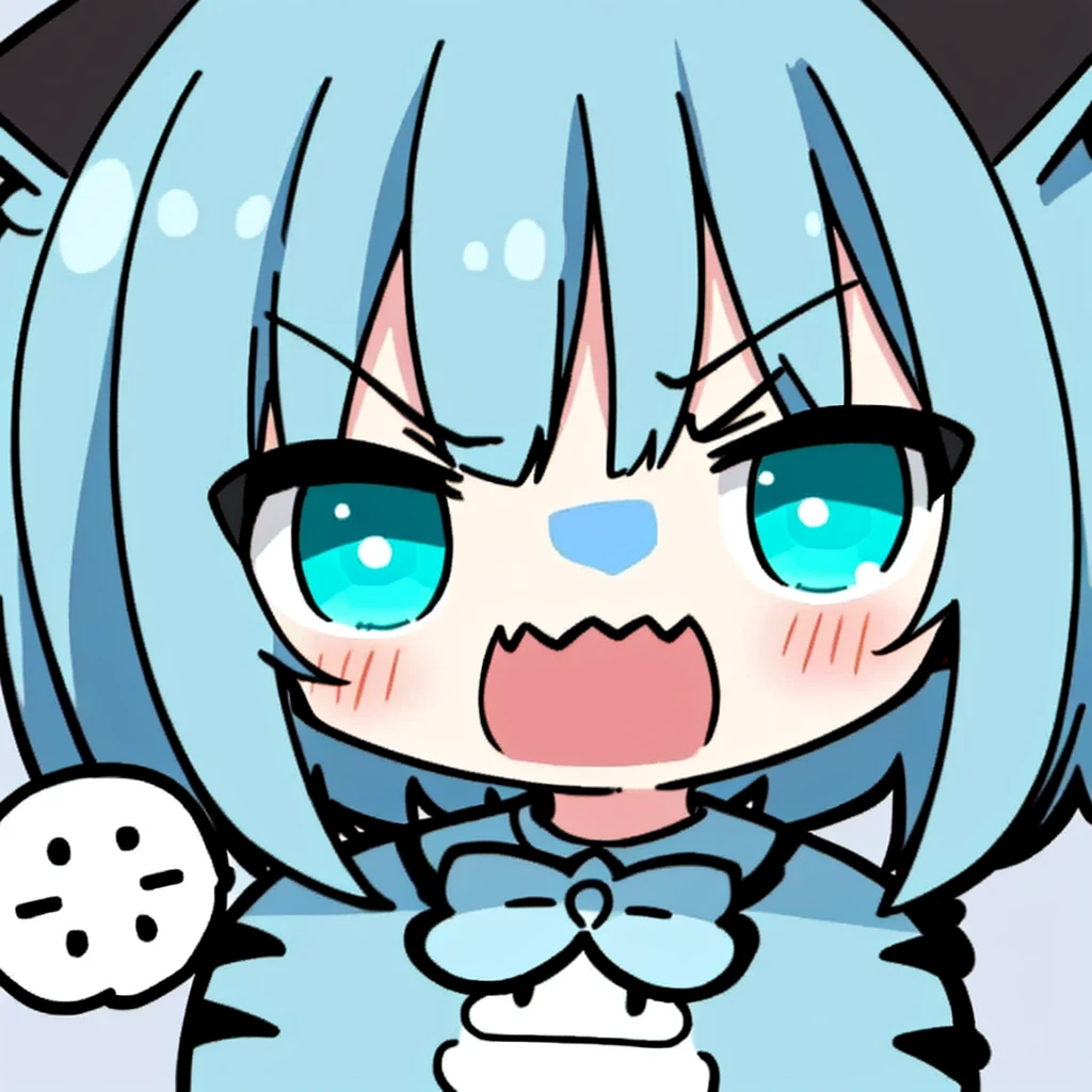 Chibi, ((hight quality, 18k, best quality)), ((black and cyan hair color)), short hair, angry cute