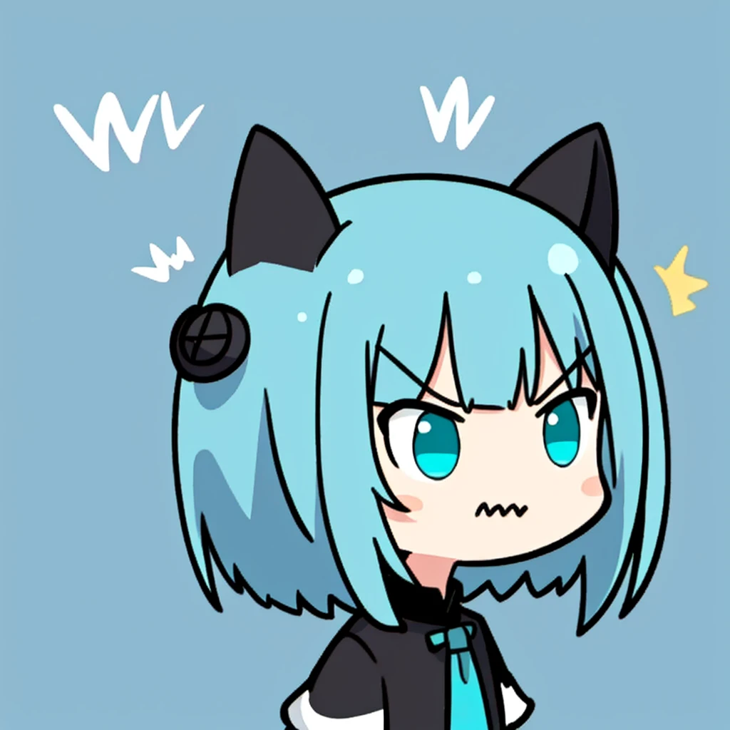 Chibi, ((hight quality, 18k, best quality)), ((black and cyan hair color)), short hair, angry cute
