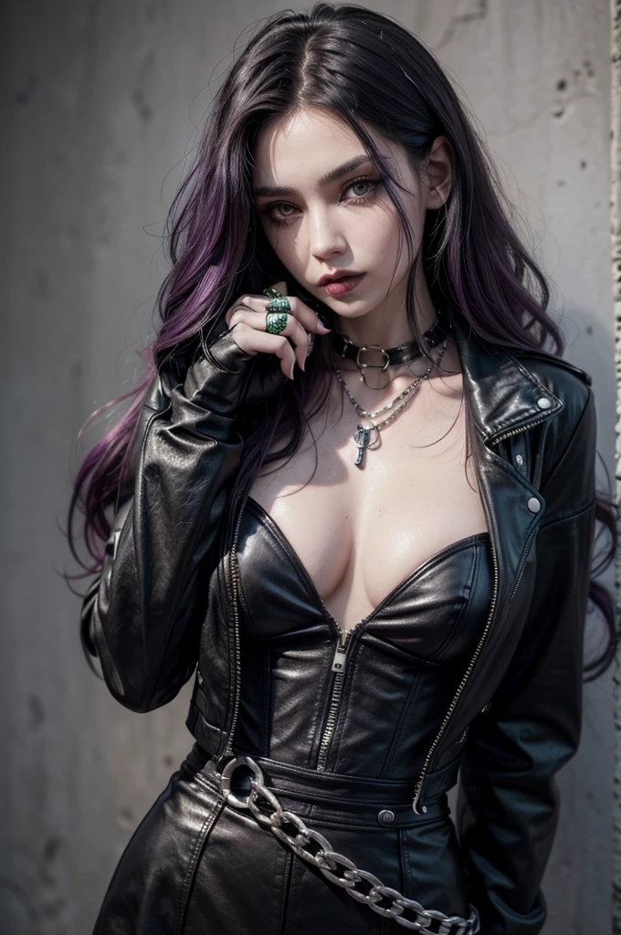 Luna Valtieri is a 28 year old woman, with a slender and athletic figure. She has long, wavy hair dyed a vivid purple and green., divided into asymmetrical locks that fall to your waist. His eyes are an intense green, standing out on his pale face, with bold makeup that includes heavy shadows and eyeliner, besides lips painted black. Their clothes are a mix of punk and gothic, with touches of circus elements: corsets, came on, leather jackets and high boots. She also wears eccentric accessories, like chain necklaces, thorn bracelets and fingerless leather gloves. Draw her in a dress and closed high heels, and in leather clothes and wearing long boots