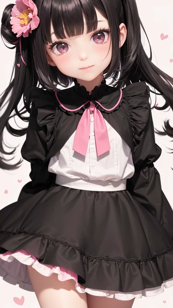 8 year old girl,black eyes, magical happy background,black hair, bangs and tied . hearts blouse and pink tutu petticoat. with flowers in the rain