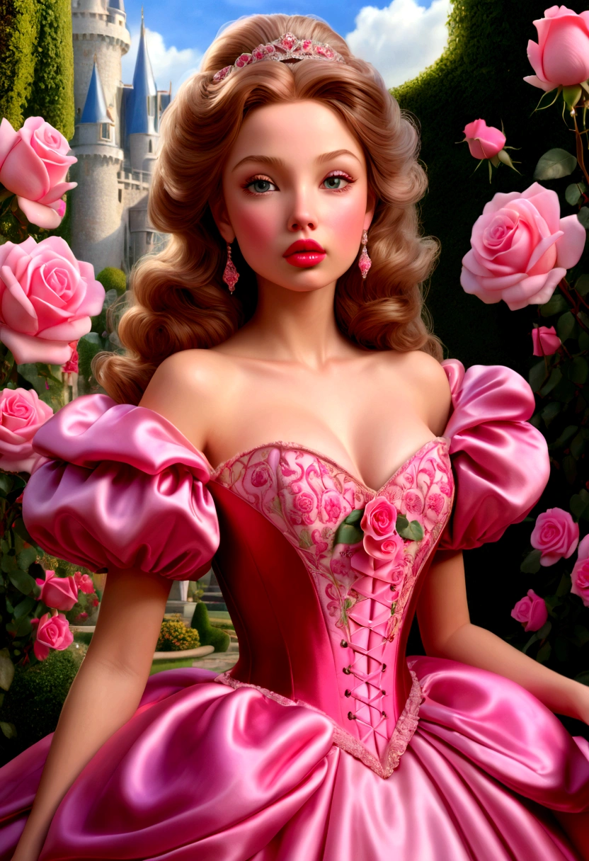 This is realistic fantasy artwork set in the castle's enchanted rose garden. Generate a proud woman with a highly detailed face dressed in the billowing folds of a stunning French silk ballgown. The woman's sweet face is ((((highly detailed, with realistic features and soft, y lips.)))) The ballgown is embellished with ruffles, sashes, and bows and a delicately, but intricately, hand-embroidered bodice. The corset features silk ribbon. The woman's stunning eyes are beautifully detailed, featuring realistic shading and multiple colors and high resolution. The woman is in a garden of eternal roses, each one beautifully formed and highly detailed. These realistic roses feature shimmering shades of pink, yellow, orange, and glimmering red. The eternal rose is a deep shade of red with shimmering pink overtones and undertones. Ensure that the woman's face, hair, and eyes are perfect. realism, high fantasy, whimsical fantasy, storybook fantasy, fairytale fantasy, fantasy details, enchanting, bewitching, 8k, hires, cgi, digital painting, unity, unreal engine, (((masterpiece))), intricate, elegant, highly detailed, majestic, digital photography, art by artgerm and ruan jia and greg rutkowski, (masterpiece, finely detailed beautiful eyes: 1.2), hdr, realistic skin texture, (((1woman))), (((solo))), Include a highly detailed face, extremely detailed face, and interesting background.