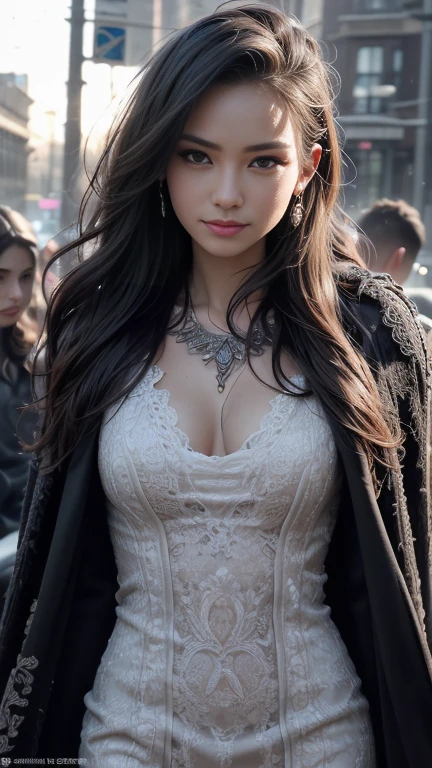 20-year-old surreal idol, ultra-thin sleeveless long dress, nipple ring, smiling smile, Cape Fur Cuts, Walking without noticing the camera, City under heavy rain, wet from the rain, wet clothes stuck to the body, RAW,(8k, Best Quality, Masterpiece: 1.2),(intricate detail: 1.4),(photorealistic:1.4),Octane representation, Complex 3D rendering with ultra details, Soft studio light, rim light, vivid detail, super detail, realistic skin texture, face detail, Beautiful eye details, Highly detailed CG Unity 8k wallpaper, make up, (detailed background: 1.2),