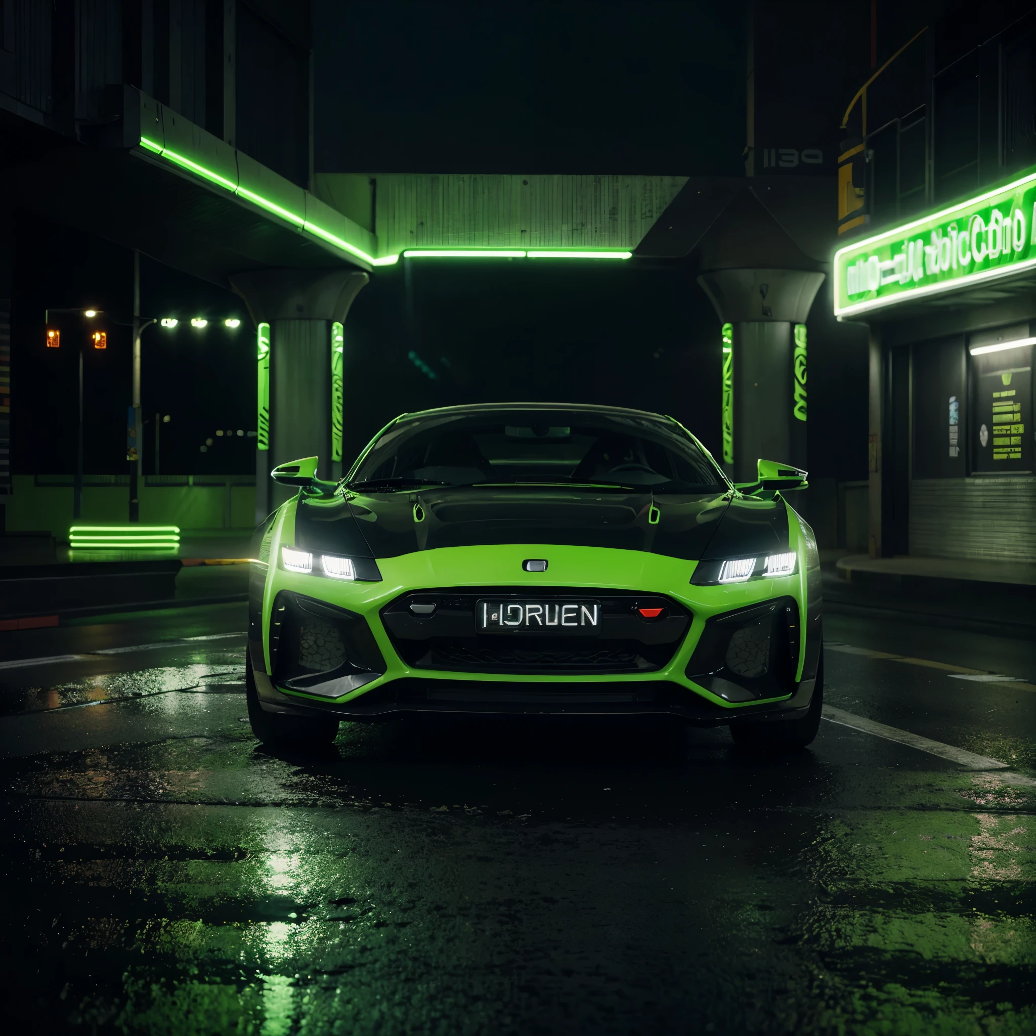 a sleek futuristic car, lime green exterior, neon-lit highway at night, speeding car, dynamic motion blur, cinematic lighting, dramatic camera angle, highly detailed, 8K, hyper-realistic, photorealistic, intricate details, glow of neon lights, reflections on wet road, dramatic shadows, moody atmosphere, vibrant colors, striking composition, masterpiece, concept art