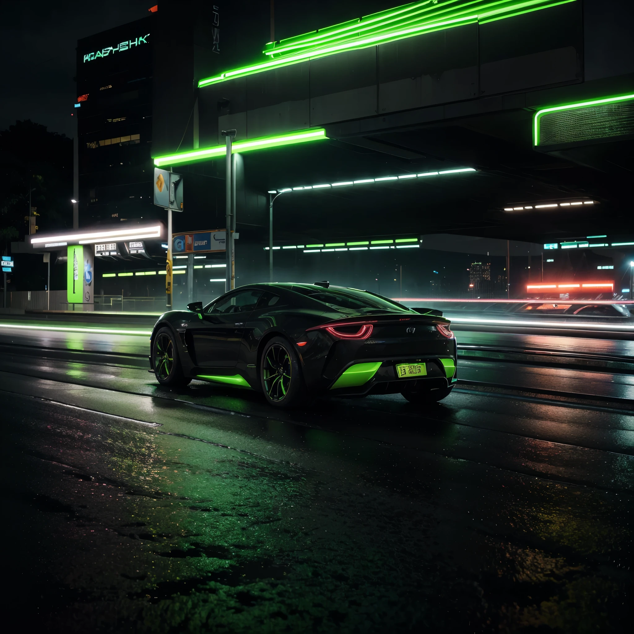 a sleek futuristic car, lime green exterior, neon-lit highway at night, speeding car, dynamic motion blur, cinematic lighting, dramatic camera angle, highly detailed, 8K, hyper-realistic, photorealistic, intricate details, glow of neon lights, reflections on wet road, dramatic shadows, moody atmosphere, vibrant colors, striking composition, masterpiece, concept art