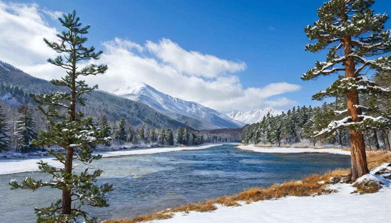 snow, tree, mountain, day, sky, winter, nature, pine tree, forest, blue sky, cloud, mountainous horizon, river