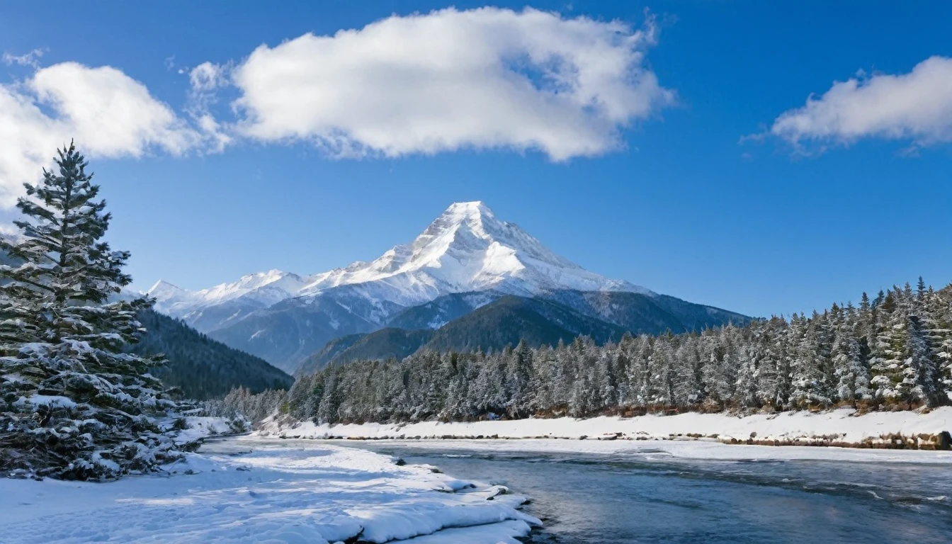 snow, tree, mountain, day, sky, winter, nature, pine tree, forest, blue sky, cloud, mountainous horizon, river