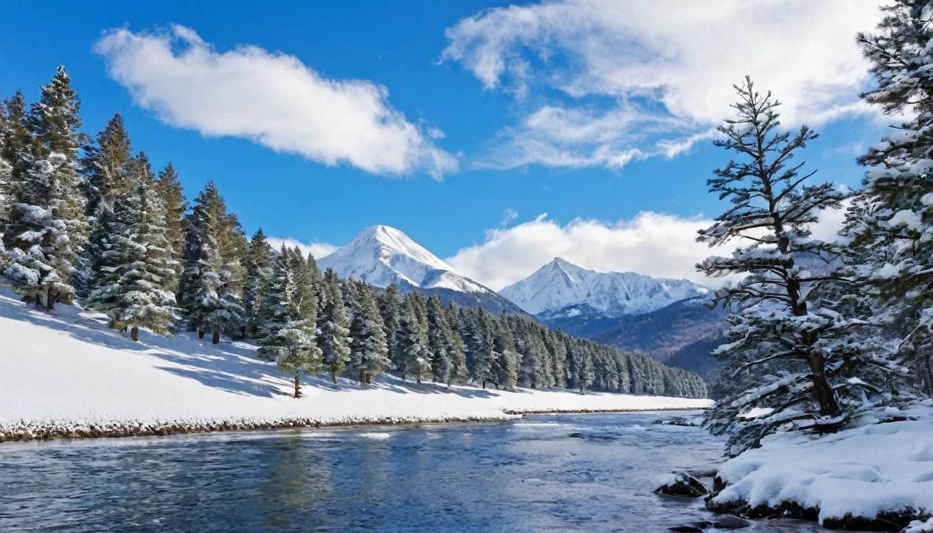 snow, tree, mountain, day, sky, winter, nature, pine tree, forest, blue sky, cloud, mountainous horizon, river