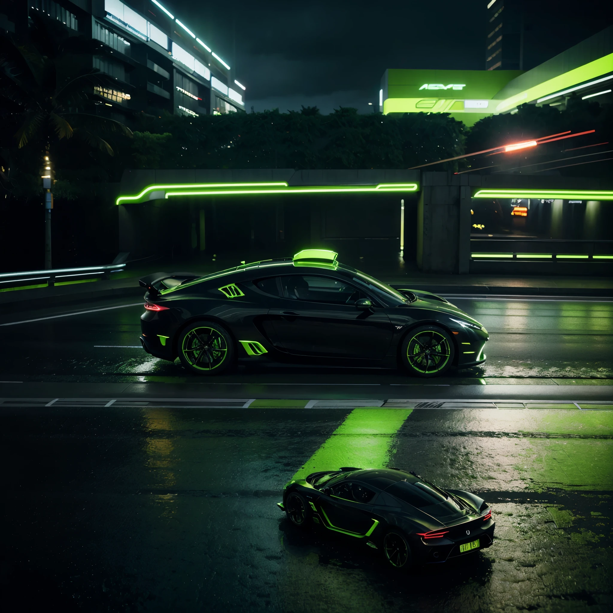 a sleek futuristic car, lime green exterior, neon-lit highway at night, speeding car, dynamic motion blur, cinematic lighting, dramatic camera angle, highly detailed, 8K, hyper-realistic, photorealistic, intricate details, glow of neon lights, reflections on wet road, dramatic shadows, moody atmosphere, vibrant colors, striking composition, masterpiece, concept art