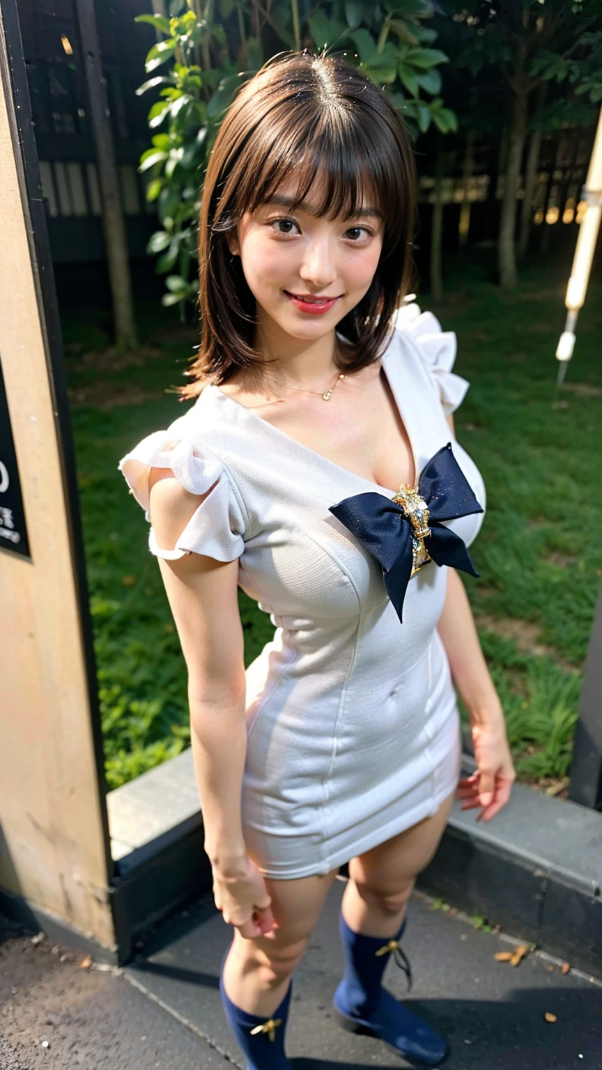 (8K、RAW Photos、Highest quality、masterpiece:1.2)、(Realistic、Realistic)、1 girl、((Sailor Moon Costume:1.5、With pubic hair、Large Breasts、Full body from the front、Standing with hands behind back、))、Lots of eyelashes、Glowing eyelids、skeletally correct、smile、This photo will awaken boys to sex