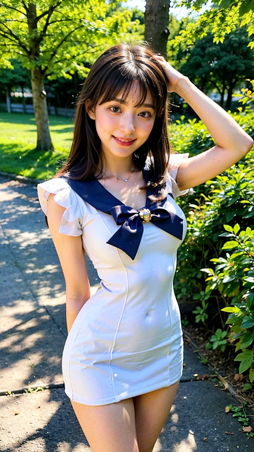 (8K、RAW Photos、Highest quality、masterpiece:1.2)、(Realistic、Realistic)、1 girl、((Sailor Moon Costume:1.5、With pubic hair、Large Breasts、Full body from the front、Standing with hands behind back、))、Lots of eyelashes、Glowing eyelids、skeletally correct、smile、This photo will awaken boys to sex