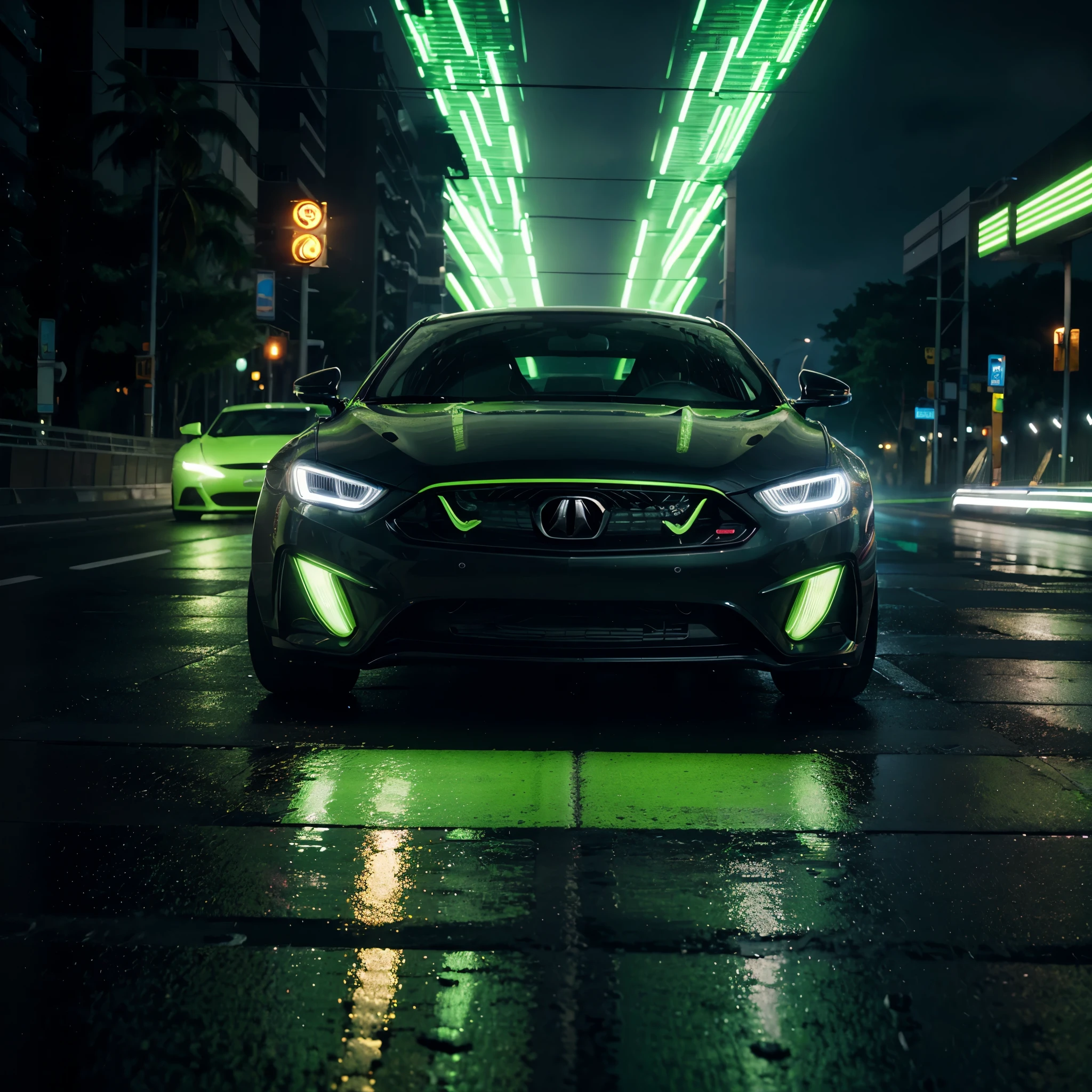 a sleek futuristic car, lime green exterior, neon-lit highway at night, speeding car, dynamic motion blur, cinematic lighting, dramatic camera angle, highly detailed, 8K, hyper-realistic, photorealistic, intricate details, glow of neon lights, reflections on wet road, dramatic shadows, moody atmosphere, vibrant colors, striking composition, masterpiece, concept art