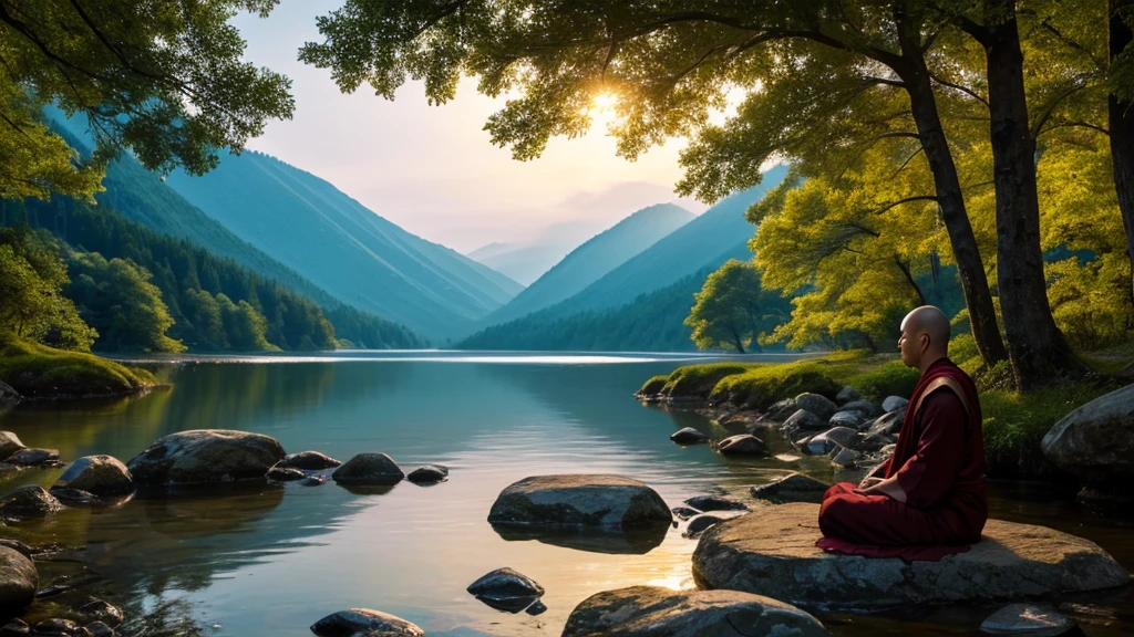 In the shadowy glow of a darkened forest river, a Tibetan Zen monk meditates with serene grace amidst the tranquil setting. This photorealistic image captures the essence of peace and mindfulness as the monk's robes flow calmly in the gentle breeze. The scene exudes a sense of calm and spiritual connection, rendered with exquisite detail and precision. Every brushstroke or pixel enhances the serene beauty and depth of the meditative moment, inviting viewers to pause and reflect on the tranquility of the natural world.