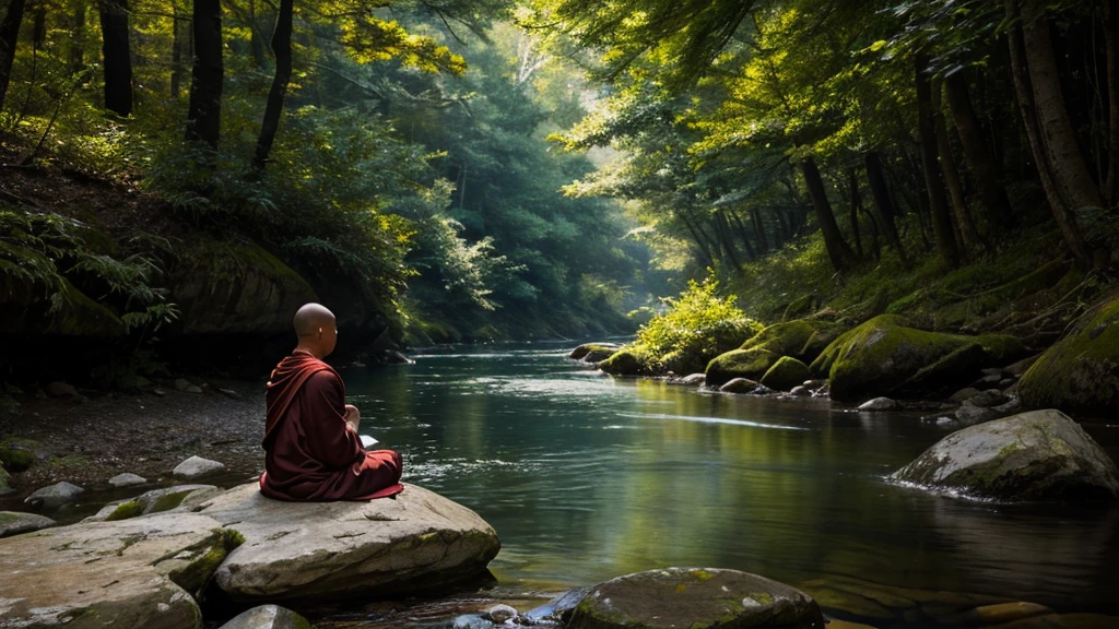 In the shadowy glow of a darkened forest river, a Tibetan Zen monk meditates with serene grace amidst the tranquil setting. This photorealistic image captures the essence of peace and mindfulness as the monk's robes flow calmly in the gentle breeze. The scene exudes a sense of calm and spiritual connection, rendered with exquisite detail and precision. Every brushstroke or pixel enhances the serene beauty and depth of the meditative moment, inviting viewers to pause and reflect on the tranquility of the natural world.