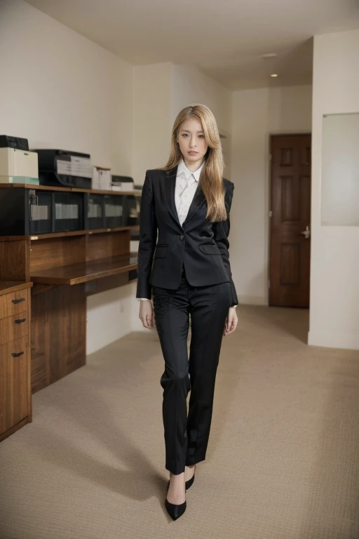 1 Girl, model，Long blond hair,  Stylish hairstyle，standing on office room, Business suit，Photo poses，Black school modern, Beautiful long legs，Sexy high heels，Japanese style