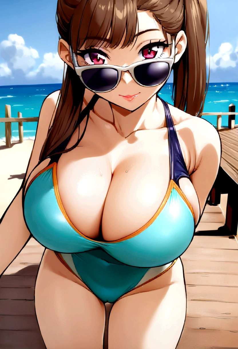 girl in a (((tight swimsuit, big breasts, cleavage and sunglasses))) standing on a pier, in the beach, at the waterside, 20 years old girl