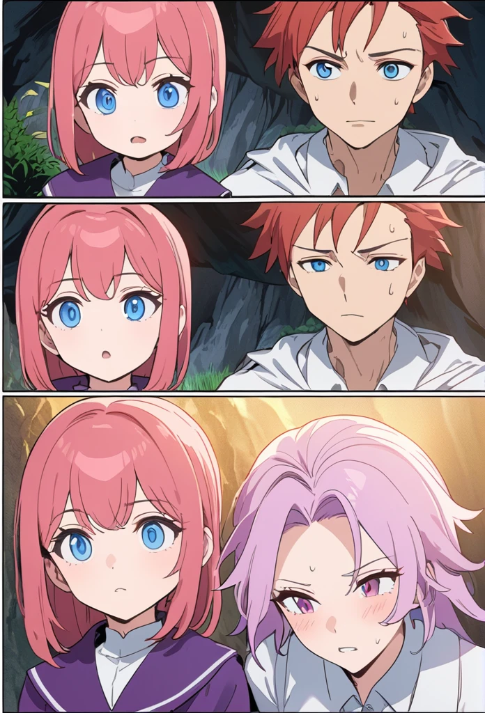 ((highest quality)), ((masterpiece)), (detailed)), 1 couple, man with blue hair and blue eyes, wearing a white shirt, and woman with red hair and blue eyes, in a cave, comic e-book storyboard, three panels HQ, facing a witch with pink hair in a purple uniform, interacting, speech and facial expression variations, anime style, 8k HD, obra-prima(1.2)