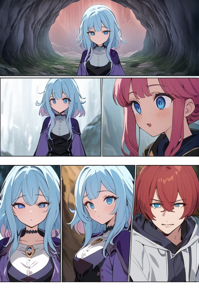 ((highest quality)), ((masterpiece)), (detailed)), 1 couple, man with blue hair and blue eyes, wearing a white shirt, and woman with red hair and blue eyes, in a cave, comic e-book storyboard, three panels HQ, facing a witch with pink hair in a purple uniform, interacting, speech and facial expression variations, anime style, 8k HD, obra-prima(1.2)