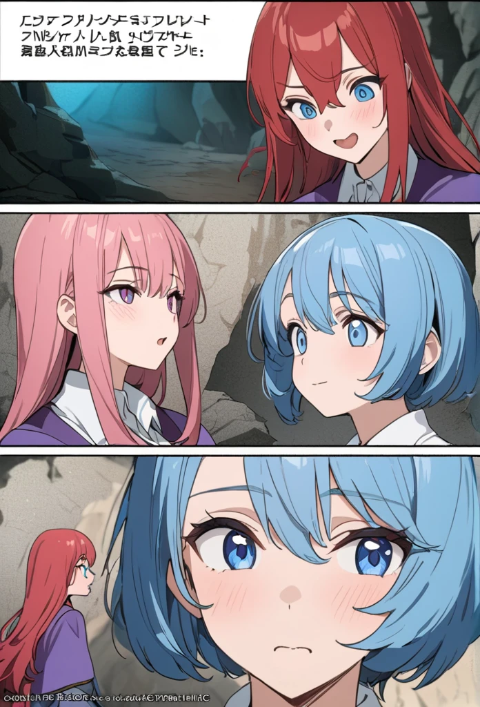 ((highest quality)), ((masterpiece)), (detailed)), 1 couple, man with blue hair and blue eyes, wearing a white shirt, and woman with red hair and blue eyes, in a cave, comic e-book storyboard, three panels HQ, facing a witch with pink hair in a purple uniform, interacting, speech and facial expression variations, anime style, 8k HD, obra-prima(1.2)