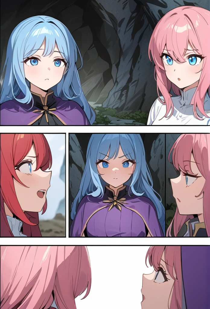 ((highest quality)), ((masterpiece)), (detailed)), 1 couple, man with blue hair and blue eyes, wearing a white shirt, and woman with red hair and blue eyes, in a cave, comic e-book storyboard, three panels HQ, facing a witch with pink hair in a purple uniform, interacting, speech and facial expression variations, anime style, 8k HD, obra-prima(1.2)