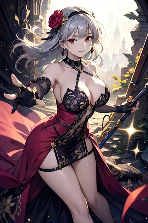 (dynamic angle:1.3, front view:1.1, breast focus:1.3, from below:1.2), (dynamic posing:1.5, sexy posing:1.2, leaning forward), (seductive smiling:1.3),(*K) HD, highest quality, Anime style beutiful woman, 1girl,fullbody, happy, (with sparkling eyes and a contagious smile:1.2), red face, closed mouth, beautiful detailed eyes, super detailed skin, backlighting, bare shoulders, black background, black dress, black gloves, silver hair, breasts, dress, earrings, fingerless gloves, floating hair, floral print, flower, gloves, gold earrings, gold hairband, hair flower, hair ornament, hairband, holding, holding two-hands weapon, jewelry, medium breasts, long hair, looking at viewer, off-shoulder dress, off shoulder,red eyes, short hair with long locks, sidelocks, solo, spikes, thighs, two-sided dress, two-sided fabric, weapon, fighting stance , face, close up, from above, highest quality, high resolution,Real World, Natural light,perfect Natural light,looking at viewer,
