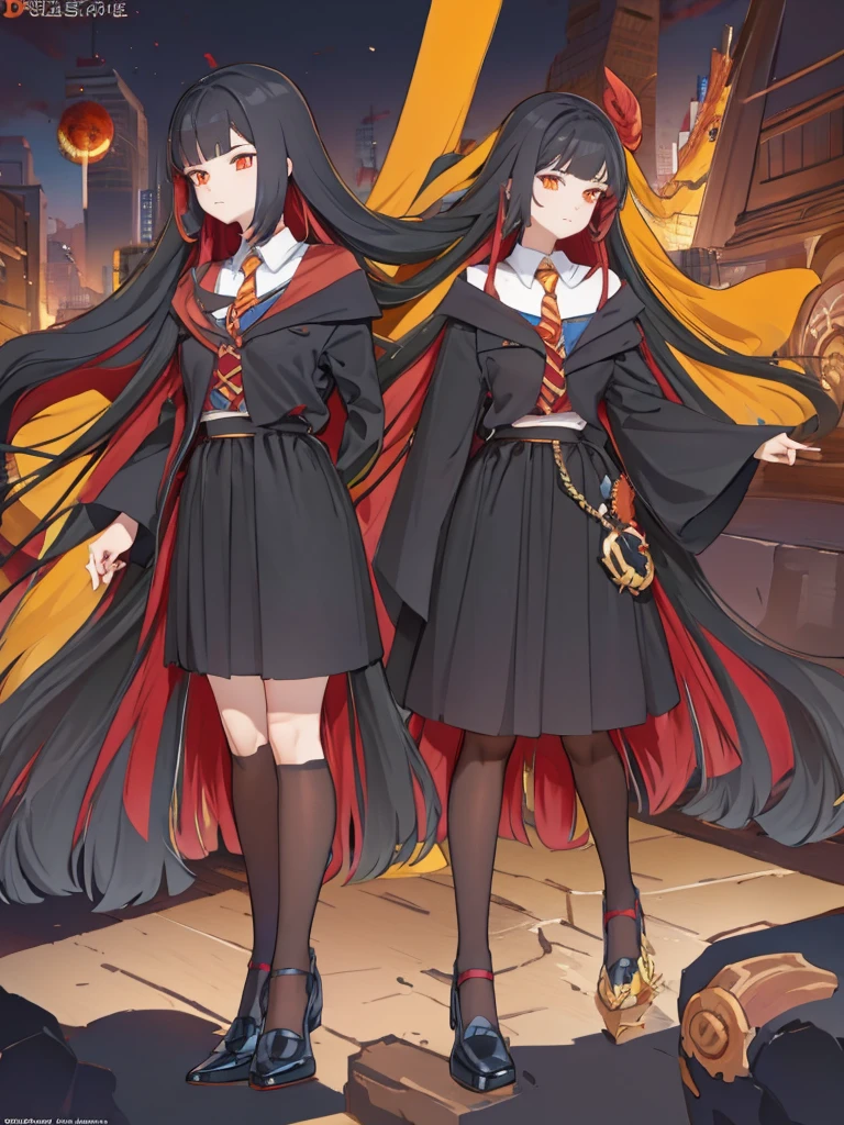 long hair, full body, orange eye, black hair, red inner hair, wand wood, concept art