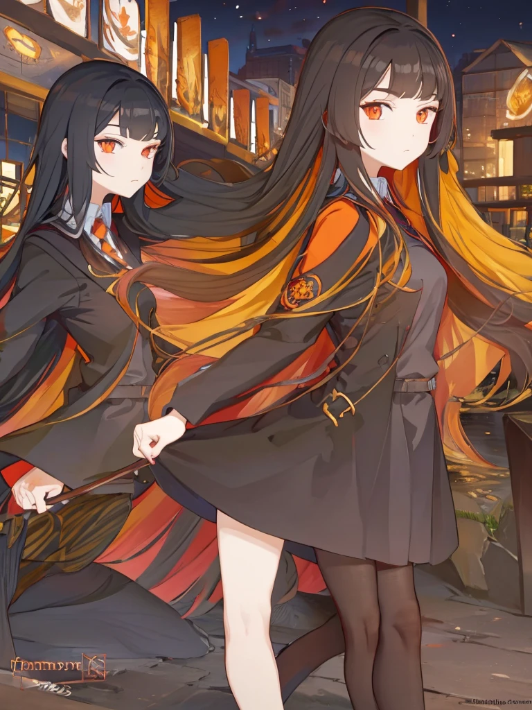 long hair, full body, orange eye, black hair, red inner hair, wand wood, concept art