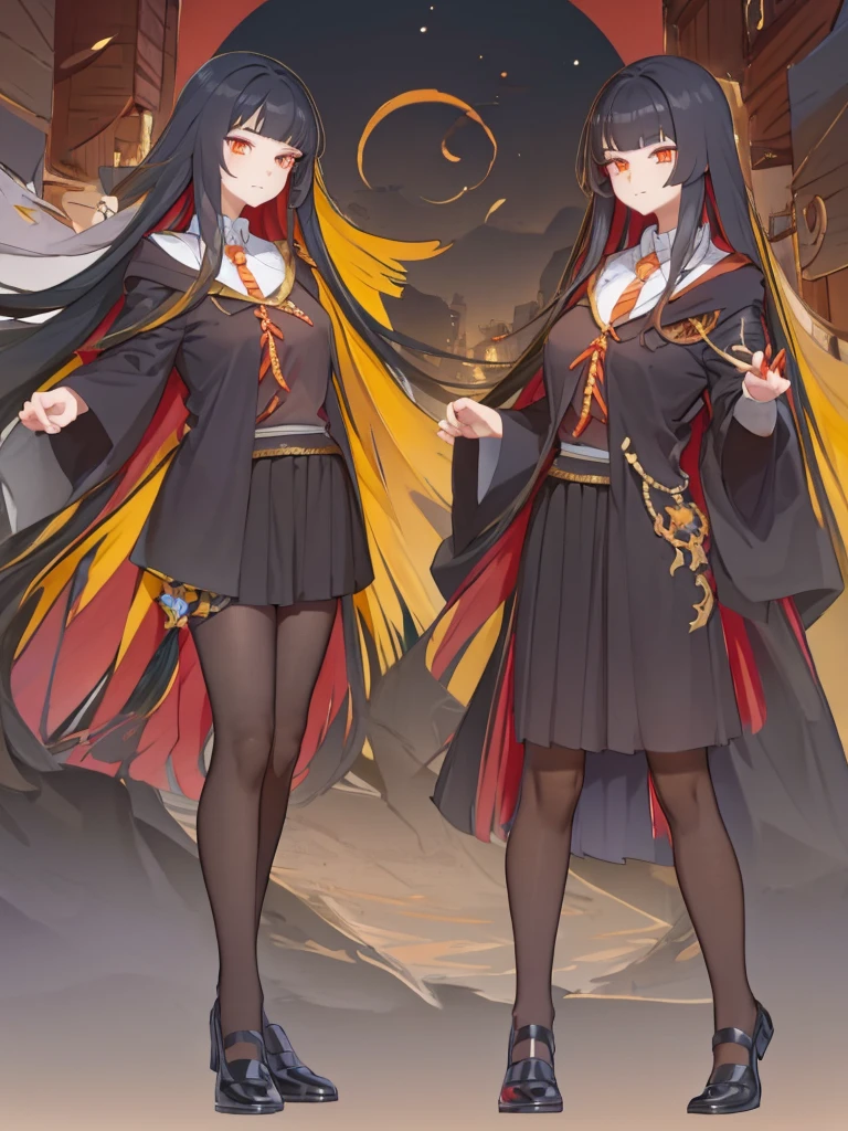 long hair, full body, orange eye, black hair, red inner hair, wand wood, concept art