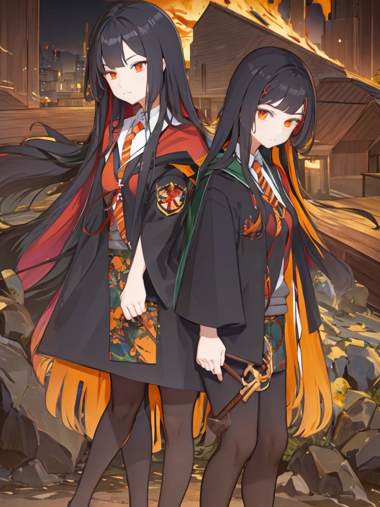 long hair, full body, orange eye, black hair, red inner hair, wand wood, concept art