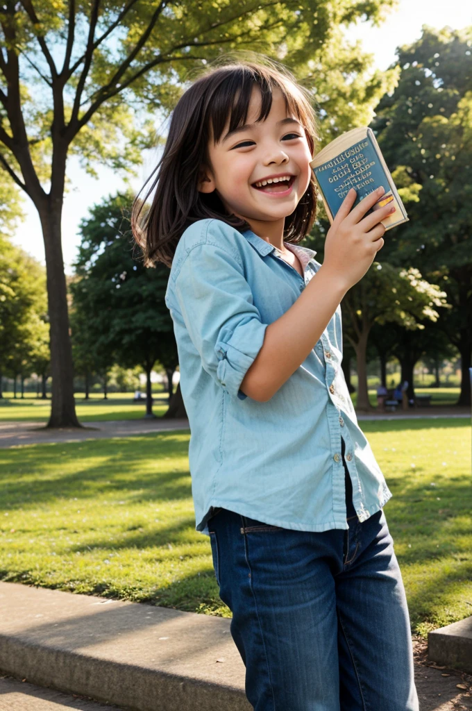 a  girl laughing with book in her hand in the park