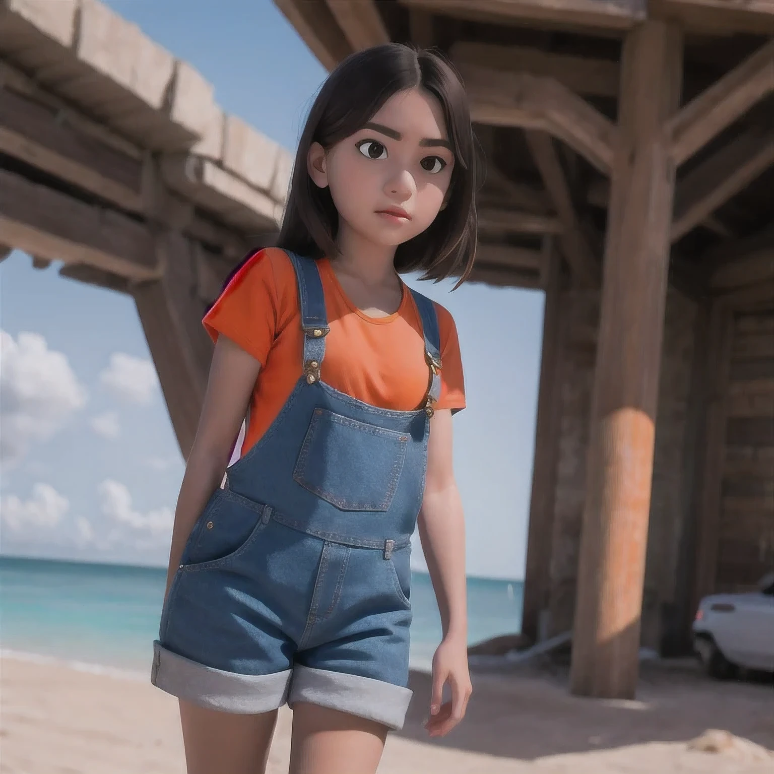 Armenian girl standing on a beach with an orange overall, orange jumpsuit, overalls, wearing an orange jumpsuit, official product image, wearing overalls, orange halter top, artist wearing overalls, wearing an orange t-shirt, wearing orange sundress, wearing orange prison jumpsuit, neck zoomed in, wearing an orange t shirt, cute girl wearing tank suit