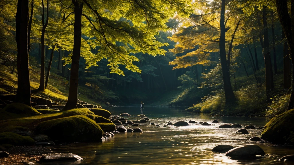In the shadowy glow of a darkened forest river, a Tibetan Zen monk meditates with serene grace amidst the tranquil setting. This photorealistic image captures the essence of peace and mindfulness as the monk's robes flow calmly in the gentle breeze. The scene exudes a sense of calm and spiritual connection, rendered with exquisite detail and precision. Every brushstroke or pixel enhances the serene beauty and depth of the meditative moment, inviting viewers to pause and reflect on the tranquility of the natural world.