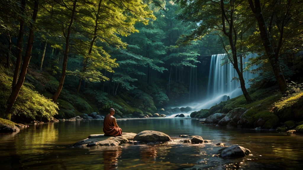 In the shadowy glow of a darkened forest river, a Tibetan Zen monk meditates with serene grace amidst the tranquil setting. This photorealistic image captures the essence of peace and mindfulness as the monk's robes flow calmly in the gentle breeze. The scene exudes a sense of calm and spiritual connection, rendered with exquisite detail and precision. Every brushstroke or pixel enhances the serene beauty and depth of the meditative moment, inviting viewers to pause and reflect on the tranquility of the natural world.