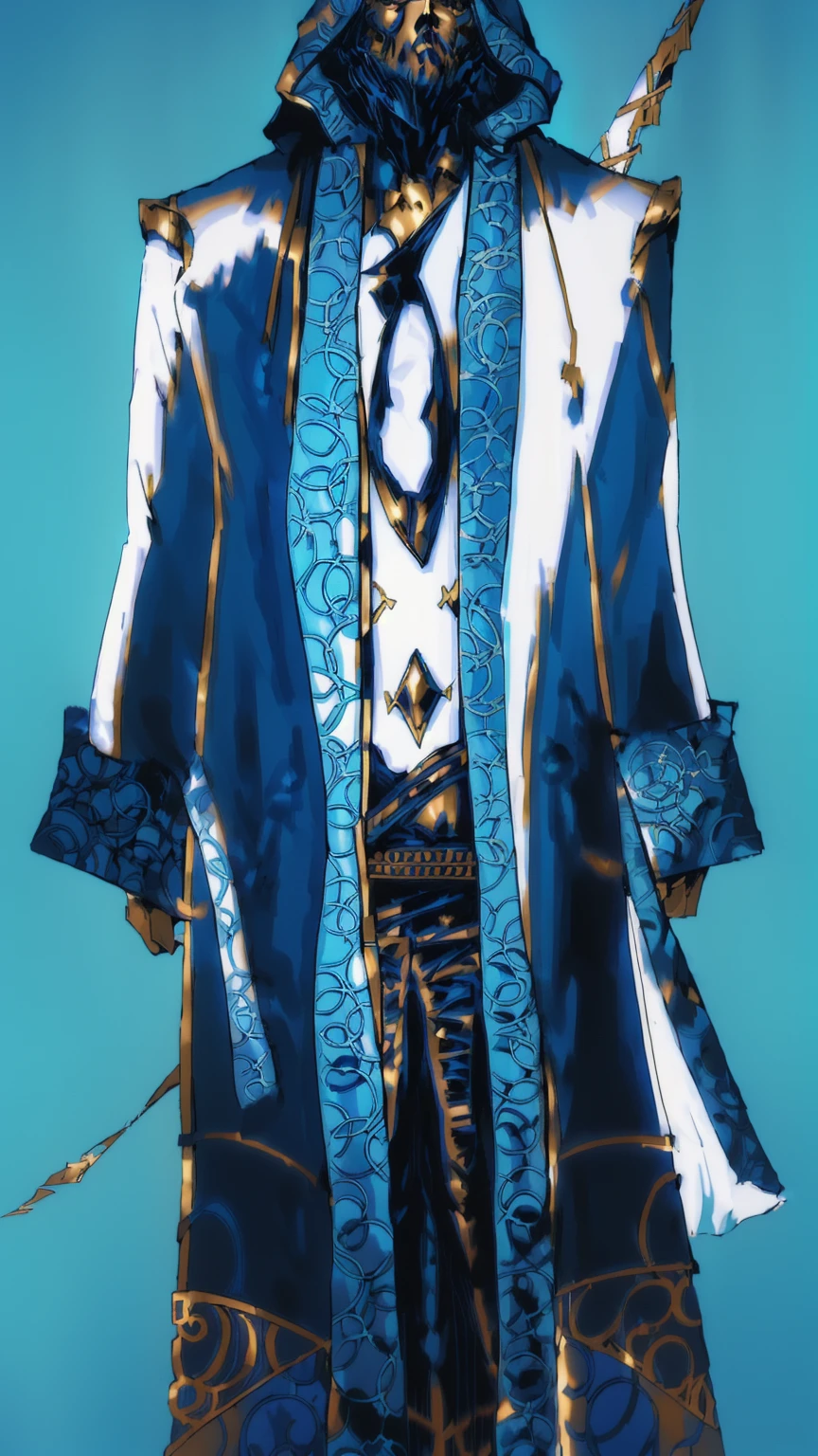 master piece, 8k detail. a sorcerer with a bow on his back and a hood, ((wearing aristocrat robe with hood)), shinny ornate cyberpunk robes, ornate robes, occult robes, ornate flowing robes, bold color, picture of a male cleric, wearing aristocrat robe, clean color, ( ( wearing a long coat ) ), intricate robes, dark blue robe with gold trimming, ornate flowing robe, wearing mage robes, no backdrop, white background.