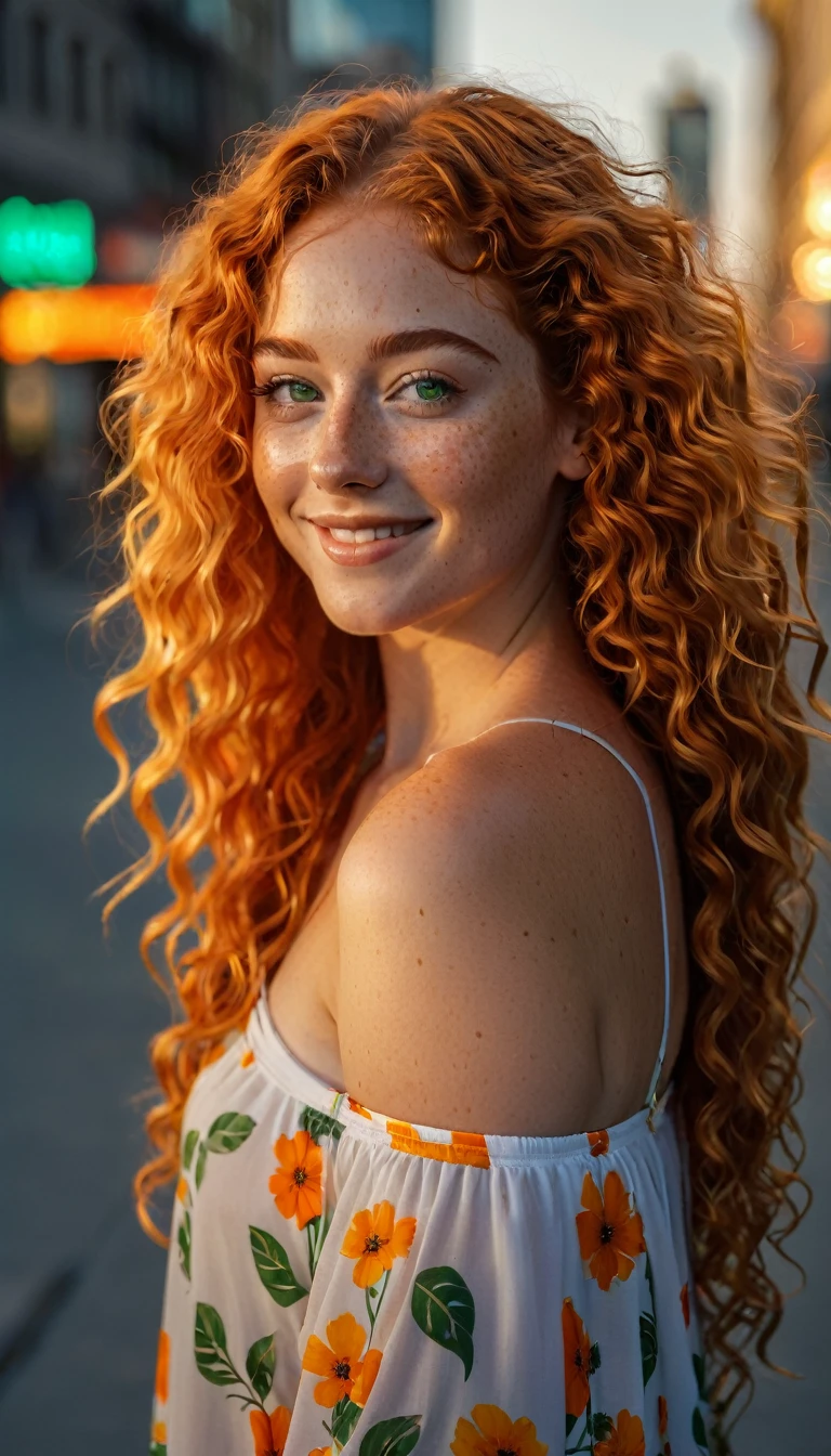 masterpiece portrait of a woman in Montreal at dawn, long hair, beautiful orange curly hair, ssmile, greeneyes, freckles, flower print, don, dawn, neon, lightrays, caustic, lens reflection, ((standing alone)), Ismael_Limbo