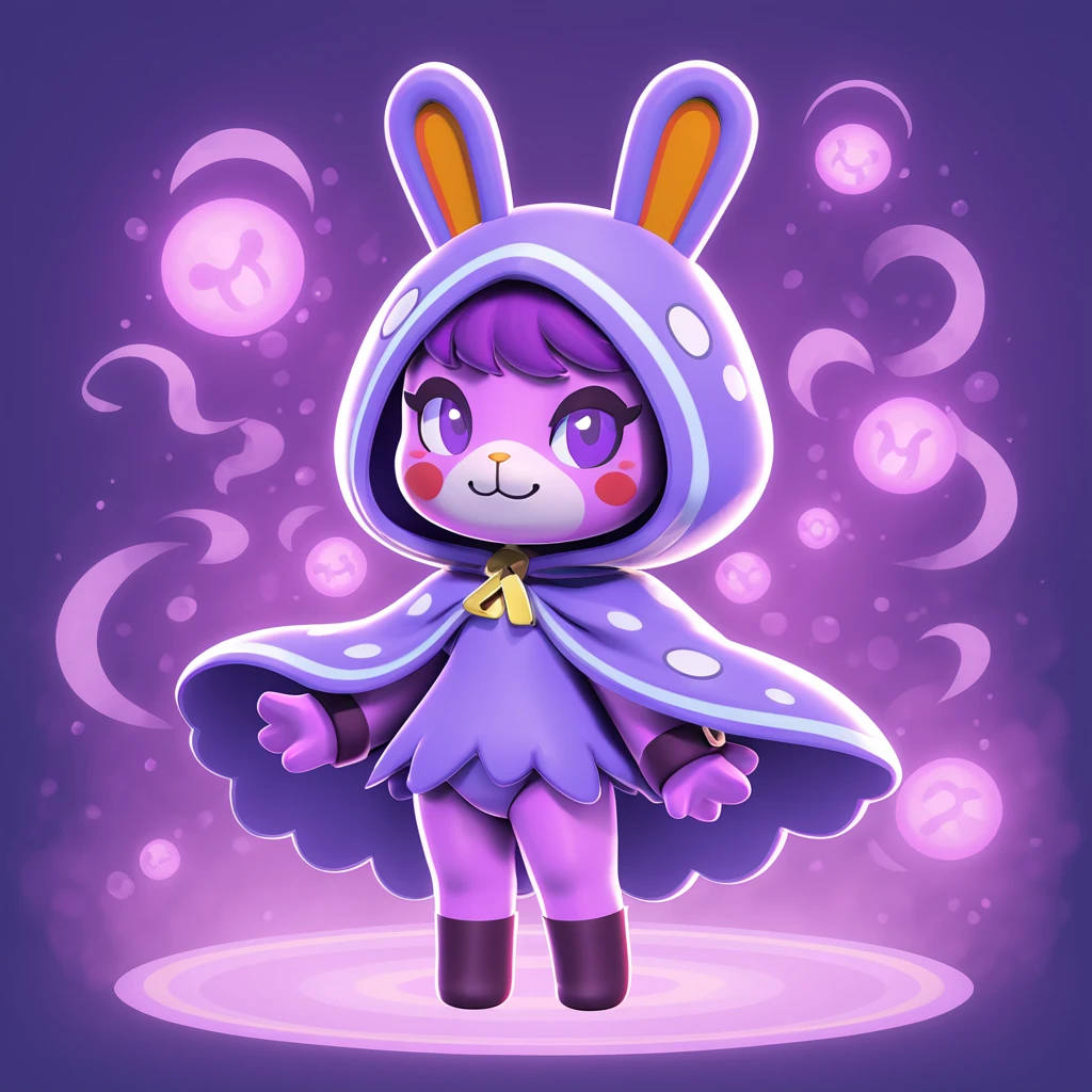 Aelfric the Mad Monk dressed in a blue and light-purple cloak and cowl bunny costume surrounded by magic fog in animal crossing art style