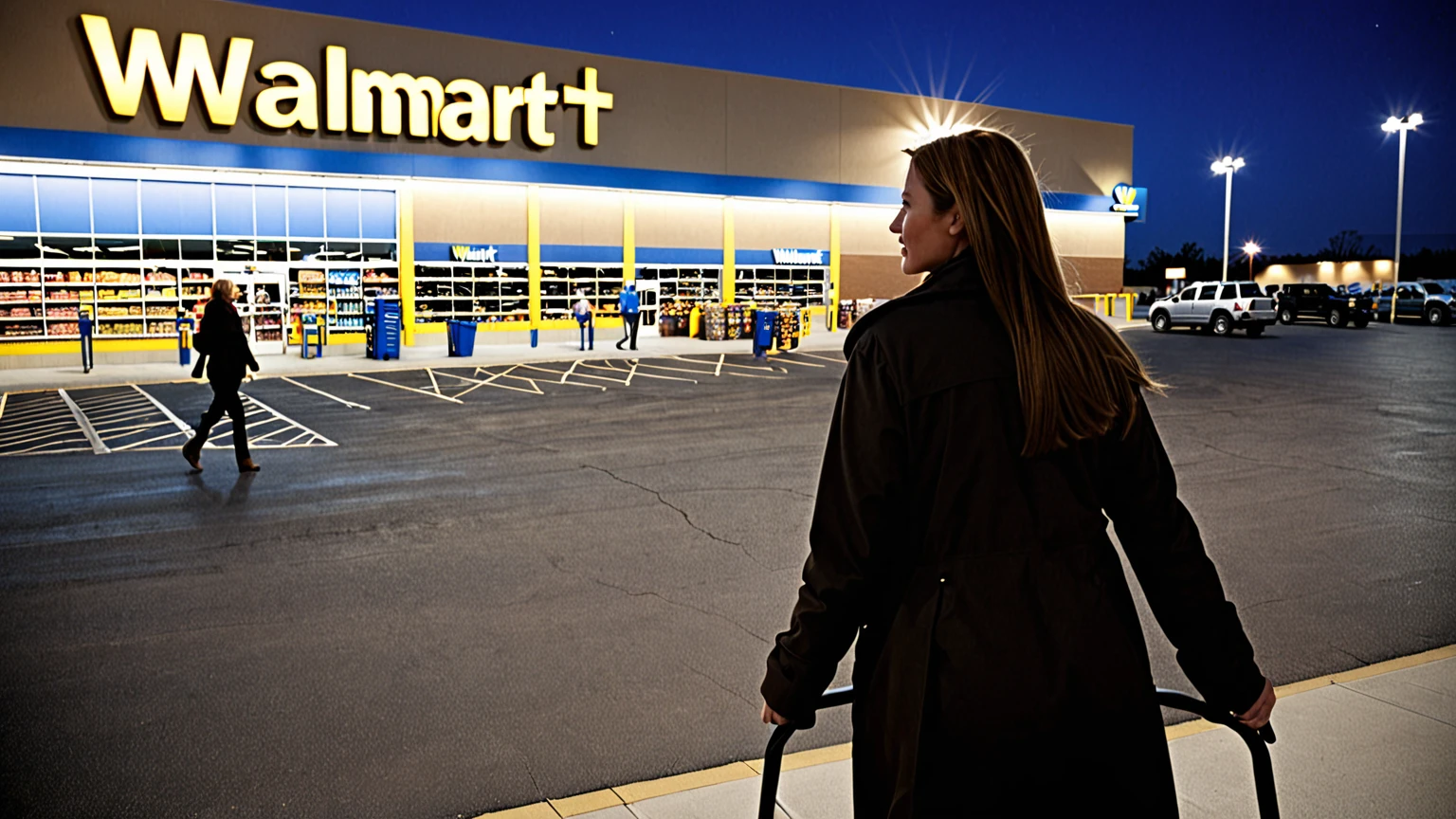 araff is walking in front of a walmart store at night, walmart, photo taken at night, exiting store, by Kurt Roesch, stock photo, woman, walk, by Wayne England, by James Warhola, by Scott M. Fischer, by Everett Warner, by Juliette Wytsman, a person standing in front of a, by Robert Koehler, closeup photograph