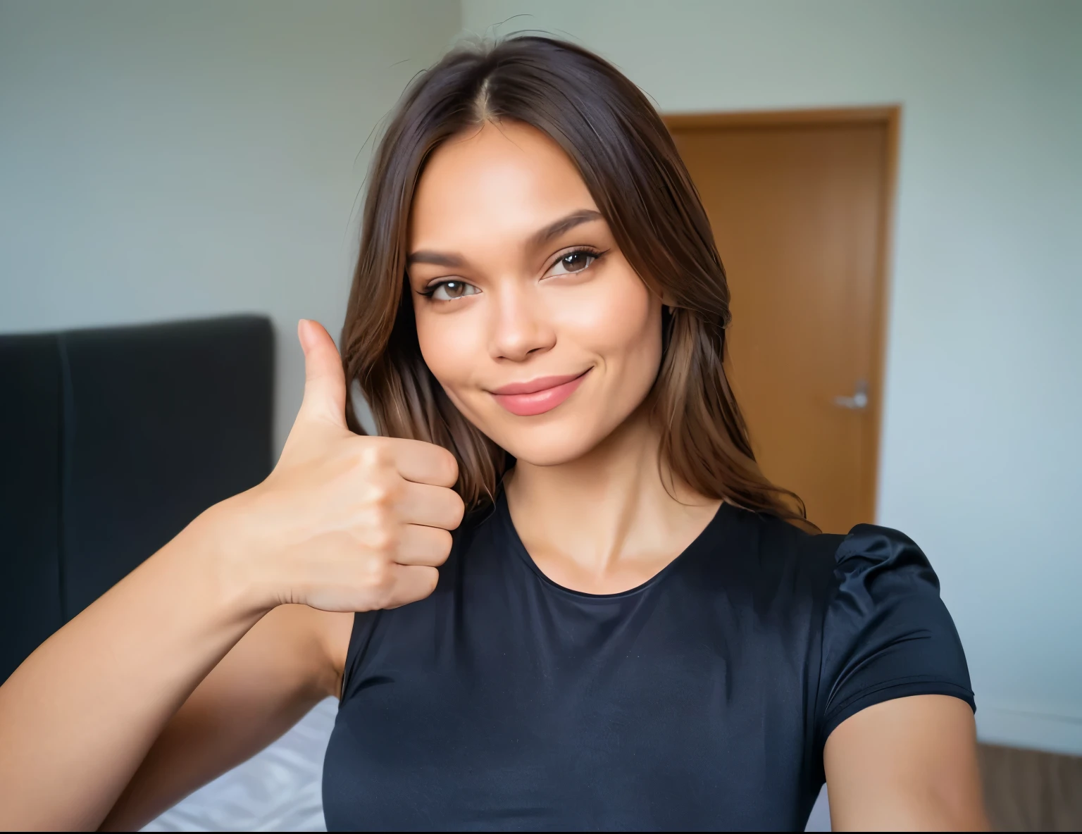 there is a woman giving a Pouces vers le haut sign in a bedroom, giving a Pouces vers le haut to the camera, giving the Pouces vers le haut, giving a Pouces vers le haut, selfie d&#39;une jeune femme, Photographie selfie 8k, Lever le pouce, Femme captivante, Pouces vers le haut, fille attirante, Portrait de Sophie Mudd, jolie jeune femme, modèle instagram, bonne jeune fille