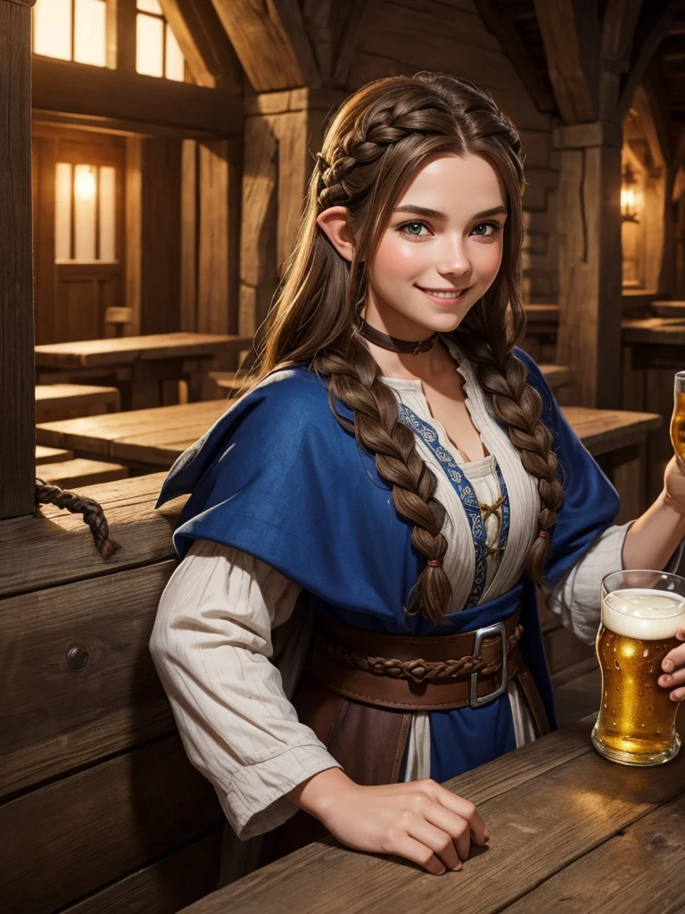 A fantastic medieval gnome. Wear well-kept medieval travel clothes. A long braid of brown hair surrounds her neck.. His smile is sincere and happy. Raise a beer inviting a toast.