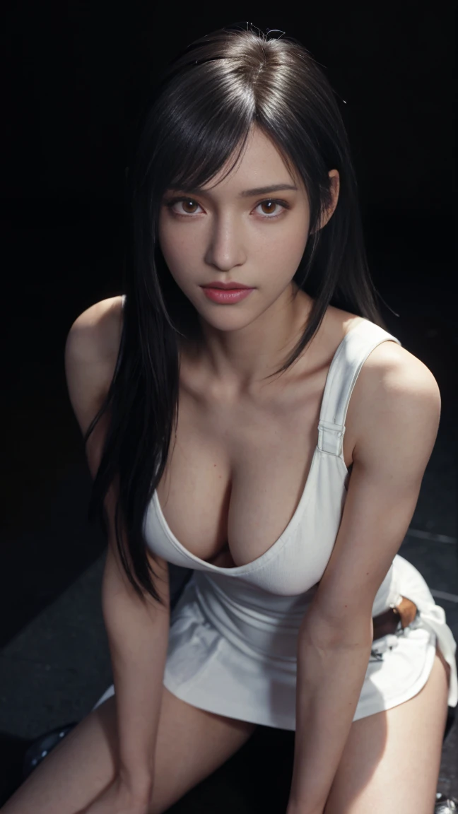 8K, Top Quality, Intricate Details, Ultra Detail, Ultra High Resolution, Masterpiece, close up shot, (full body: 1.1), Slender, Smile, (Makeup: 0.4), (), (Fluffy Eyes: 1.21), ((bangs)), 1girl, solo, 1 girl, (((red eyes, black hair, bangs, long hair)), ((Tifa,Tifa・lockhart,Final Fantasy 7,FF7,l)), close up shot, , ((tall)), (((fit body))), (((slim face))), sharp face, ((dress)) , (detailed face), sharp face, small lips, ( bartender ),
((, )), , ((,)), detailed face, detailed breast, large breast, huge breast, (( )), detail ass, Narrow Waist, Skinny, tall , 175 cm tall, Muscular, Navel, Exposed Abdomen, Pointed Chest,, Beautiful girl with accentuated slender abs: 1.4, Six Pack Abs: 1.4,, Perfect Body, detail leg, (( dark background)), black background,