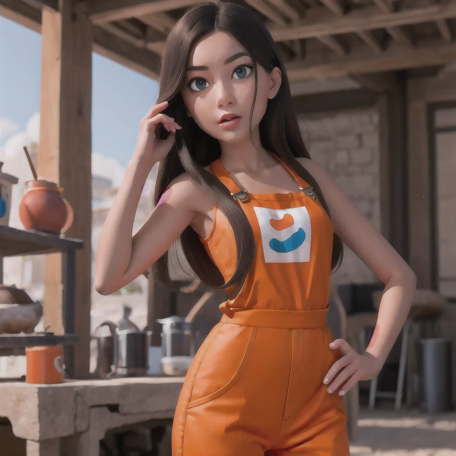 Armenian girl standing on a beach with an orange overall, orange jumpsuit, overalls, wearing an orange jumpsuit, official product image, wearing overalls, orange halter top, artist wearing overalls, wearing an orange t-shirt, wearing orange sundress, wearing orange prison jumpsuit, neck zoomed in, wearing an orange t shirt, cute girl wearing tank suit，Perfect eyes，pretty，Bright eyes