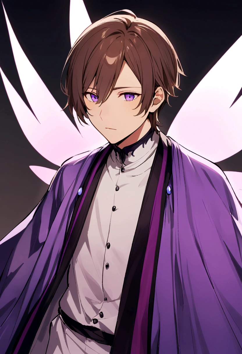 Man about seventeen, Brown hair, purple eyes, high growth, wearing a purple haori, has two transparent wings like a fairy