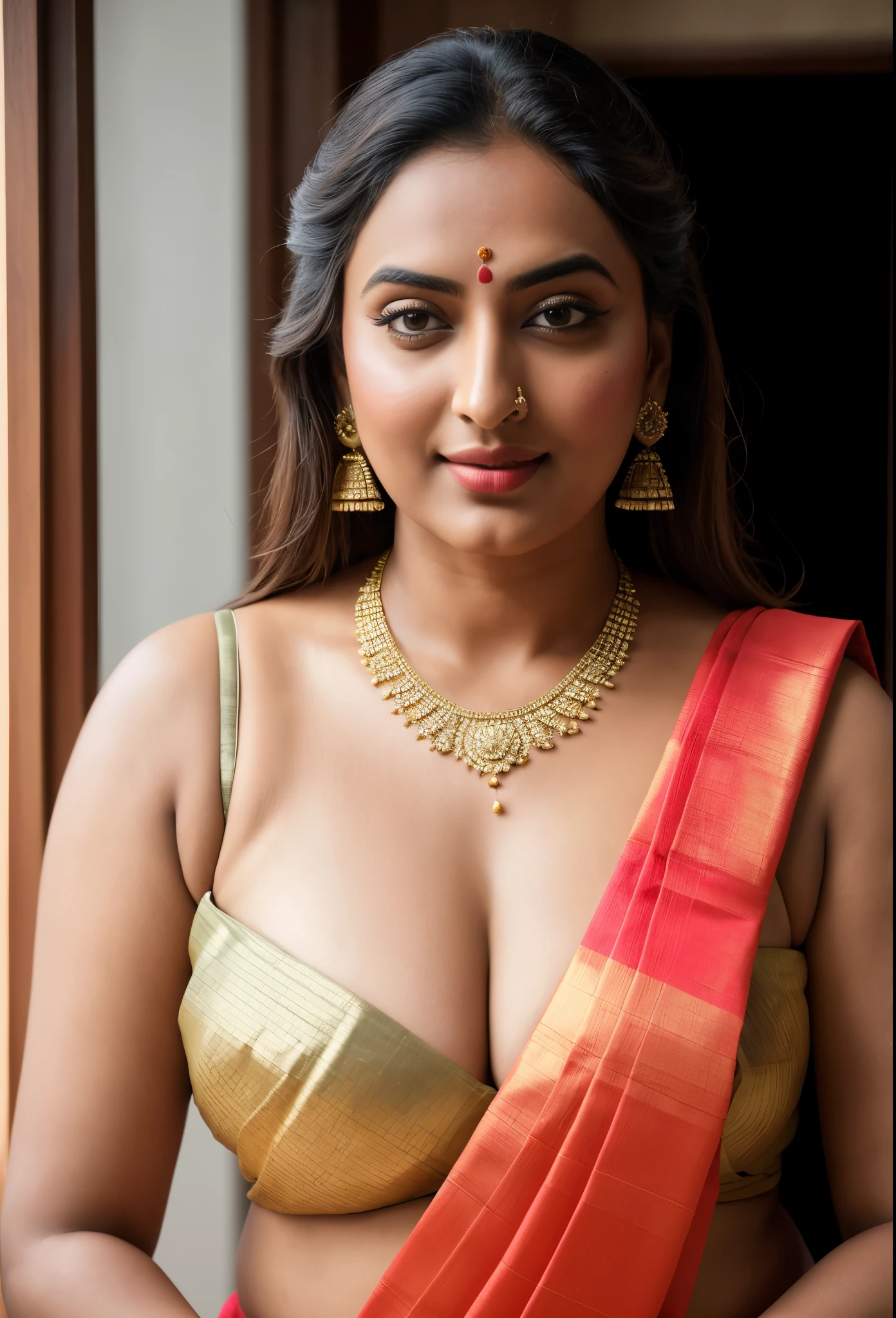 Foto RAW, photorealistic, photography, full body shot, master shot, perfect eyes, goddess like beauty, pierced eyes, perfect thick chubby mallu Desi aunty bhabhi, Wearing a Stanapatta, a chest-band.Saree model, model Photography, Indian saree shoot, Indian traditional wear advertising photography, traditional wear brand shoot, face of Indian actress Sonakshi Sinha, masterpiece, realistic, realism, incredible details,  pleasure, photorealism, detailed skin, skin pores, high contrast, photorealistic Artstation 8k HD digital art trend of high definition and detailed realistic skin texture, ultra detail, realistic skin texture, armature, best quality, ultra high definition, (photorealistic:1.4),, high resolution, detail, raw photo, sweat, Re sharp, by Lee Jefferies Nikon D850 Film Stock Photo 4 Kodak Portra 400 Camera F1.6 Lens Rich Color Ultra Real Realistic Realistic Textures Dramatic Lighting Unreal Engine Trending at Art Station Cinestill 800,(pele altamente detalhada: 1.2), 8k UHD, DSLR, soft-lighting, alta qualidade, grain of film, Fujifilm XT3,she didn't like to wear blouse or bra, she is happy to wear only saree, she hates blouse or bra, detailed hairy armpits, hyper realistic skin, skin pores, sweat, veins, 