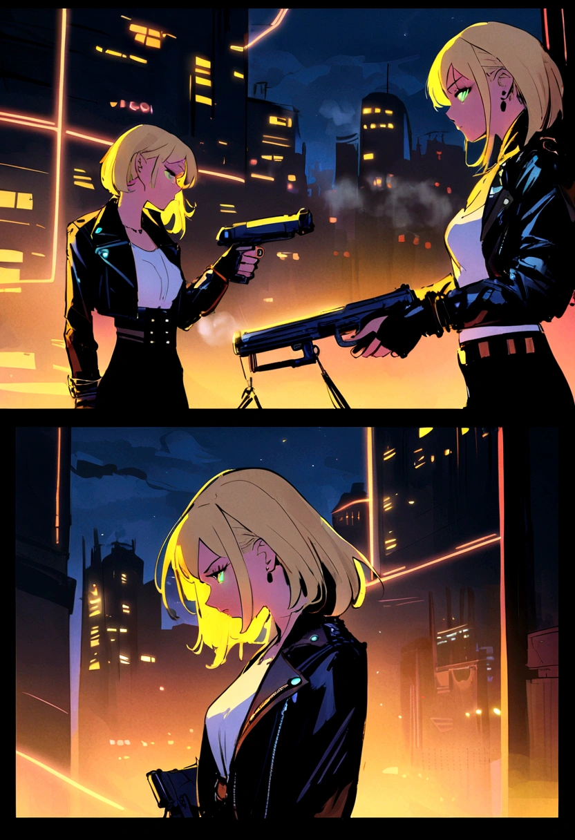 cyberpunk, steampunk, comic,  blond hair, girl, at night, allyway, neon lights, coloured rim lighting on girl, leather jacket, steam in background, side view, full body   3/4 shot, holding gun