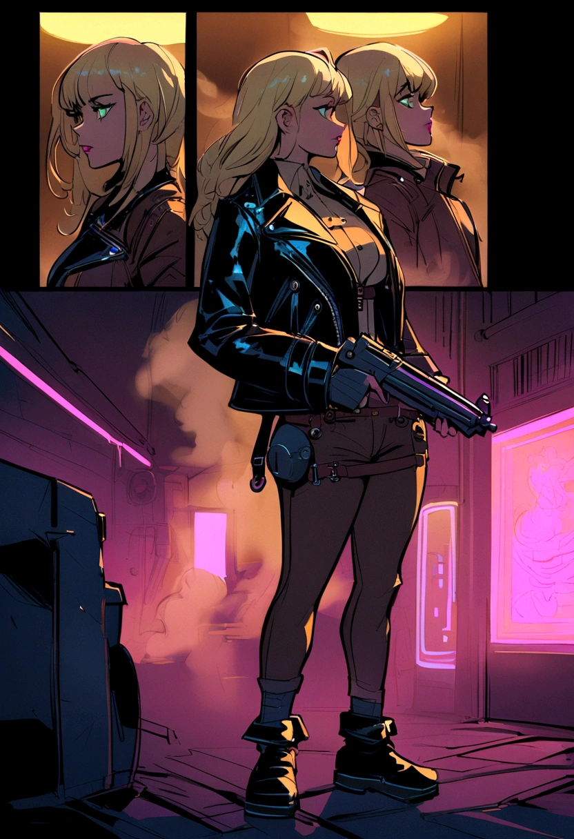 cyberpunk, steampunk, comic, blond hair, girl, at night, allyway, neon lights, coloured rim lighting on girl, leather jacket, steam in background, side view, full body 3/4 shot, holding gun
