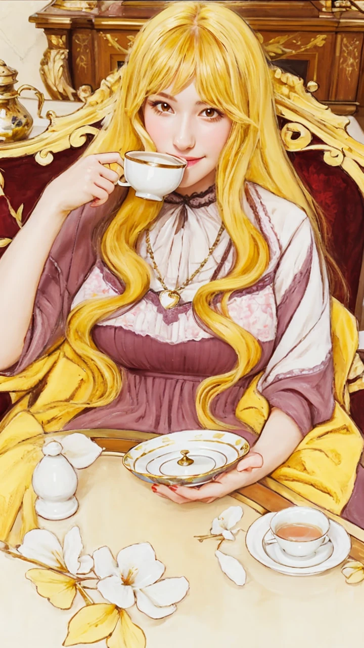 A stunningly lifelike portrait captures a 26-year-old girl with red eyes and beautiful European features. Smile, holding tea cup