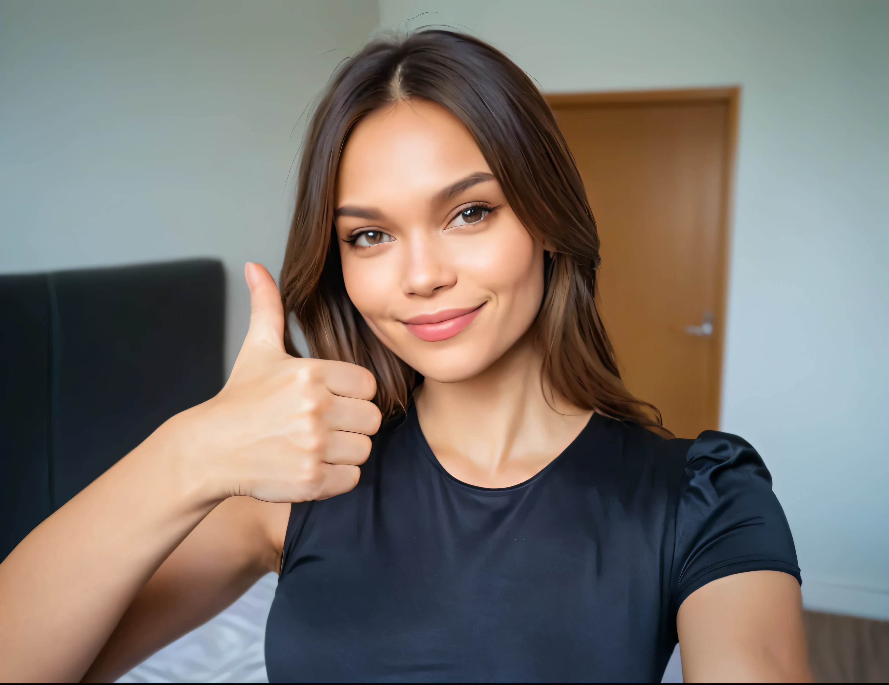 there is a woman giving a Pouces vers le haut sign in a bedroom, giving a Pouces vers le haut to the camera, giving the Pouces vers le haut, giving a Pouces vers le haut, selfie d'une jeune femme, Photographie selfie 8k, Lever le pouce, Femme captivante, Pouces vers le haut, fille attirante, Portrait de Sophie Mudd, jolie jeune femme, modèle instagram, bonne jeune fille
